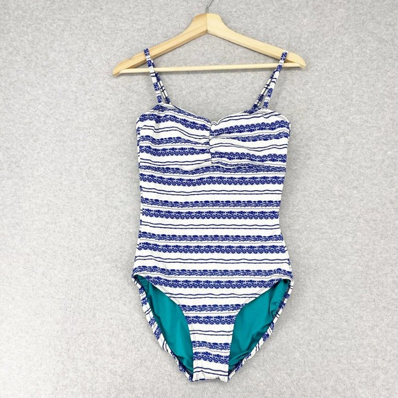 Popina Sadie One Piece Swimsuit Size Large Blue Danube Retro Stripe Blue Tank - Picture 2 of 11